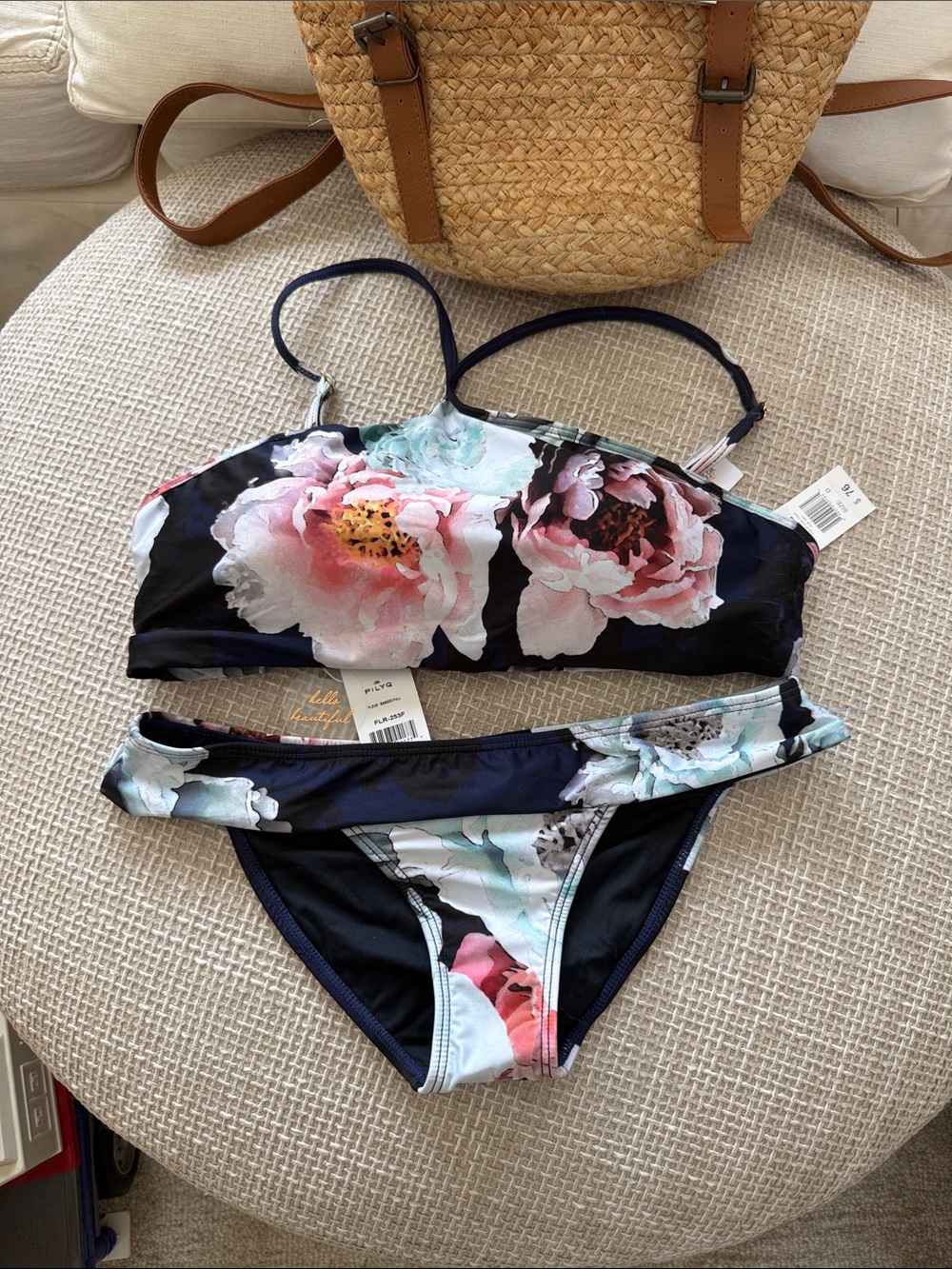 Pilyq Navy Floral Bandeau Bikini with Pink & White Blooms